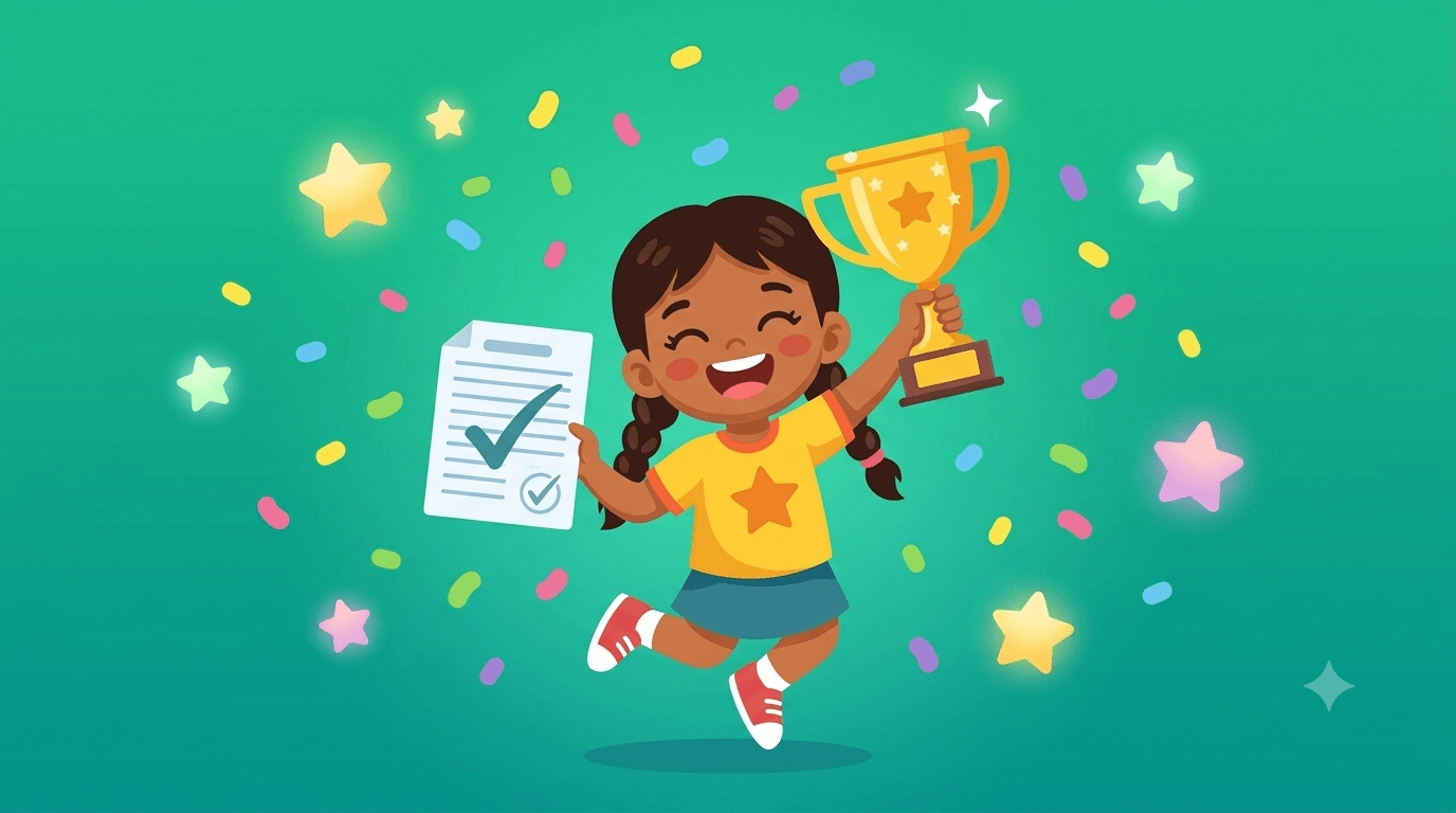 A child celebrating with a trophy after finishing a worksheet